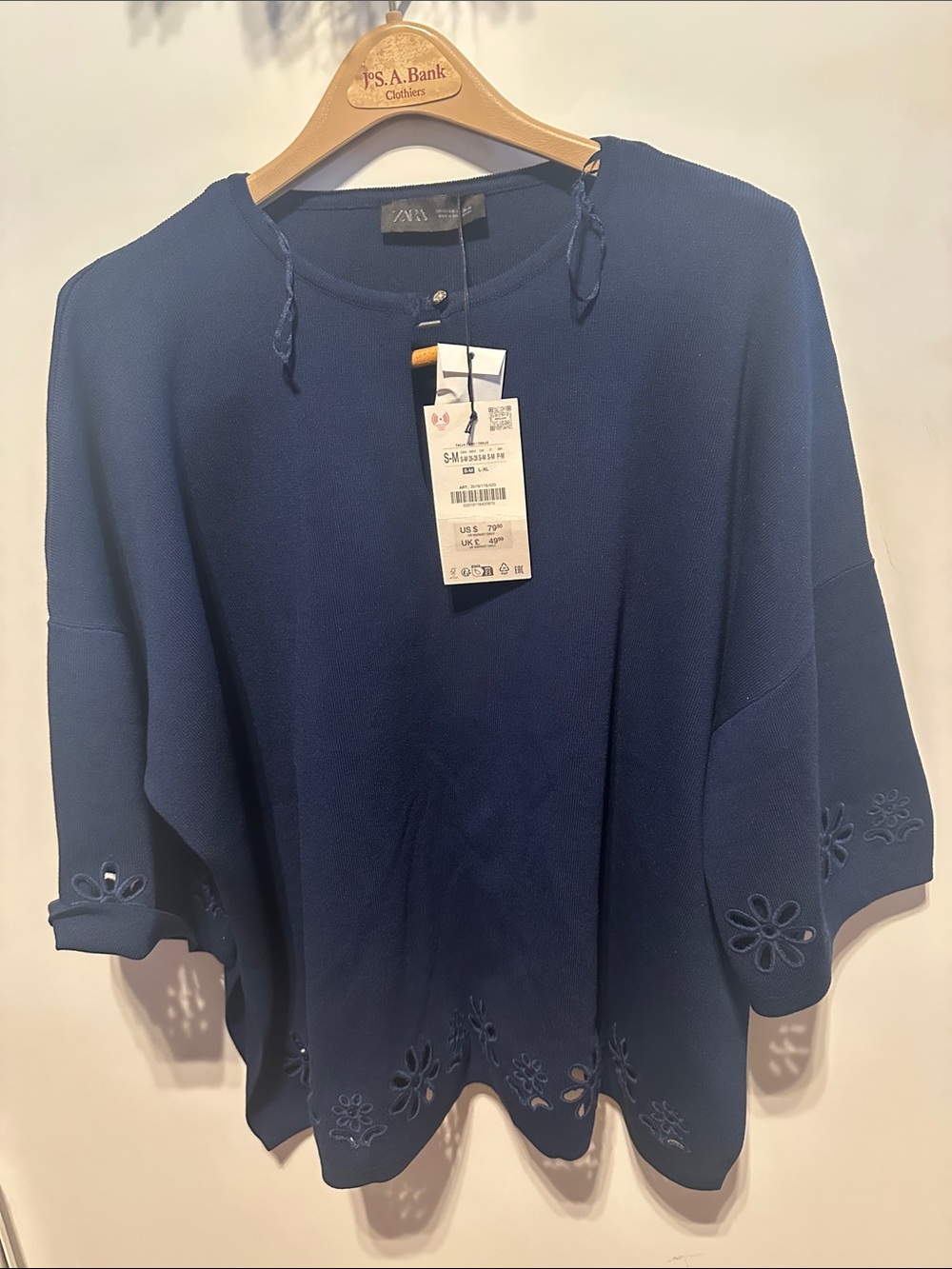Zara navy blue knit top with cutwork embroidery details Size S/M  New
